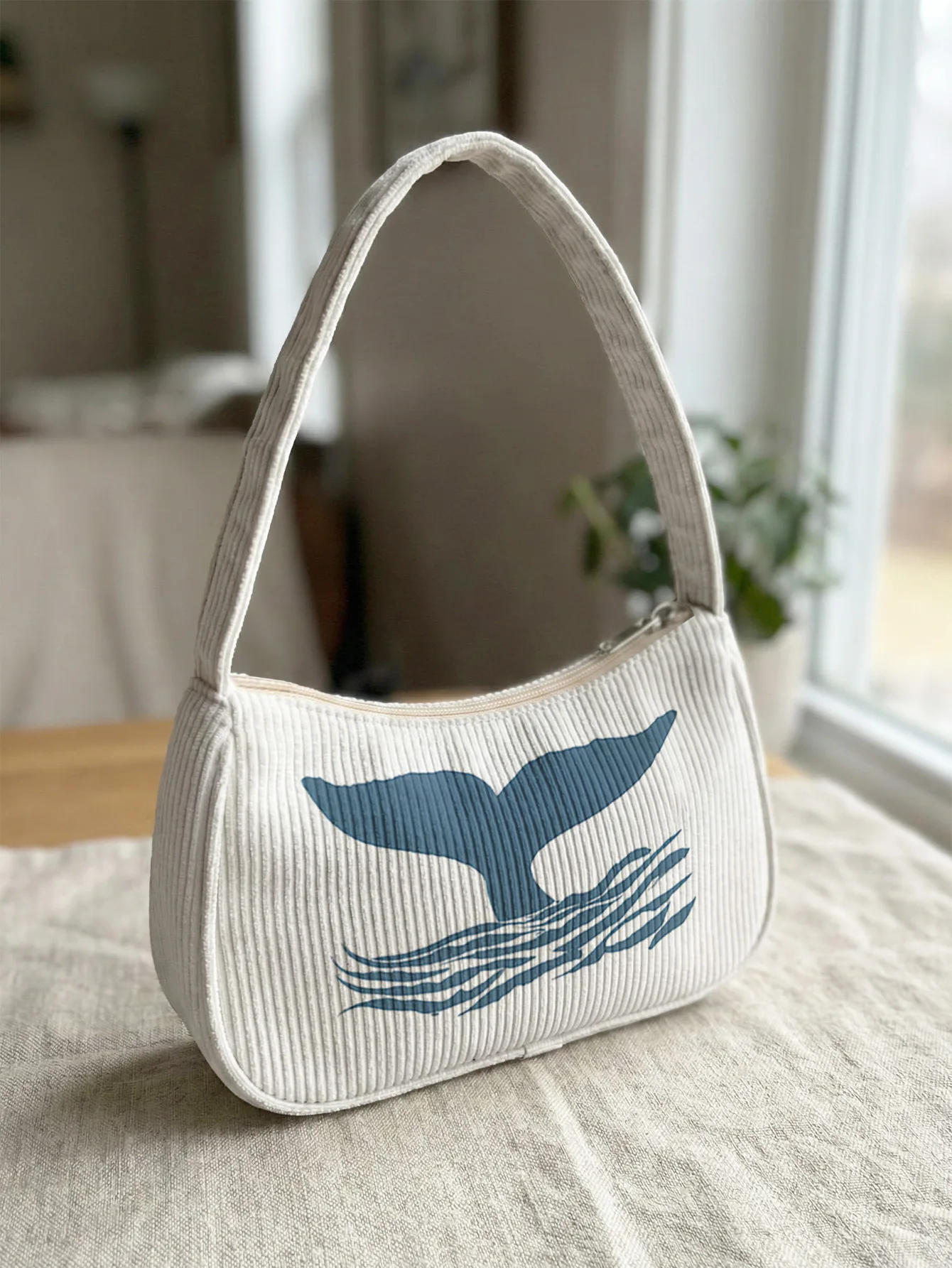 

Trendy Minimalist Whale Tail & Wave Print Shoulder Bag, Nautical Corduroy Underarm Bag