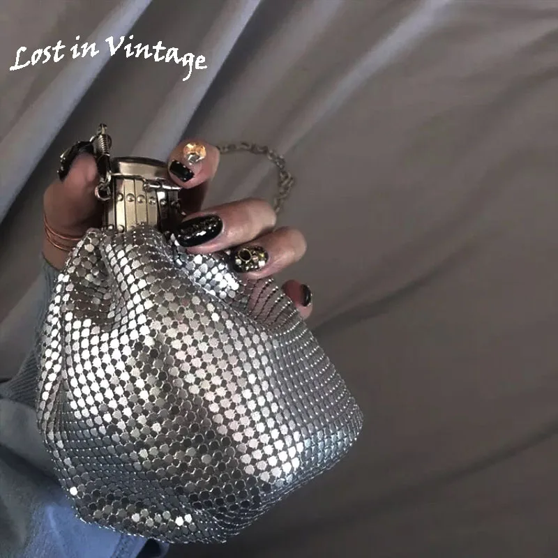 Lost in Vintage Glitter Sparking Evening Bag Handbag with Aluminum Pieces Crossbody Clutches Shoulder Metallic Chains