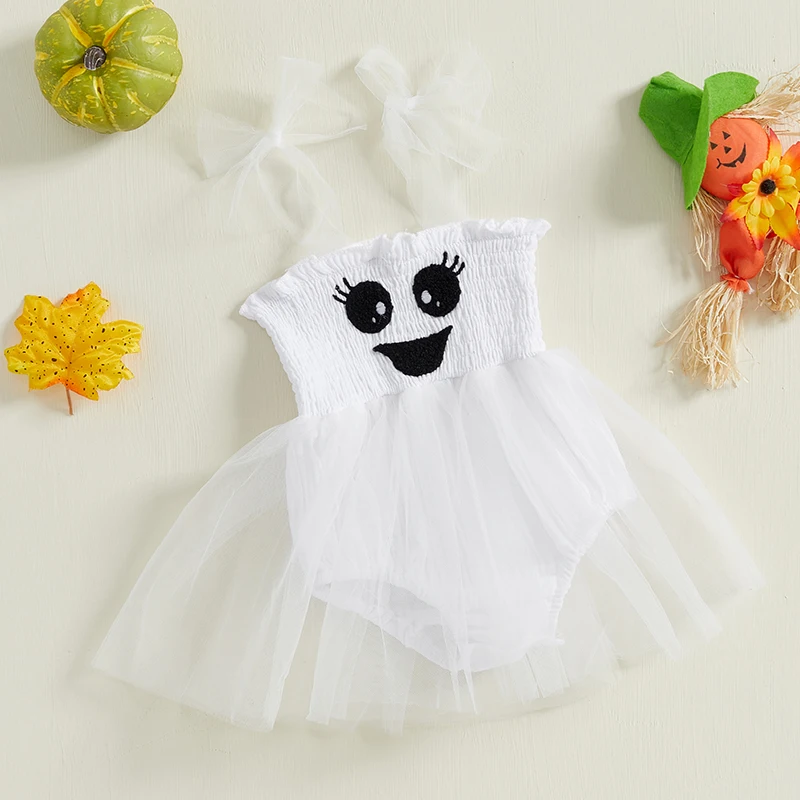 Baby Mädchen Halloween Stram pler Kleid Geist Stickerei Muster Krawatte Schulter gurt Tüll Skit Saum Overall