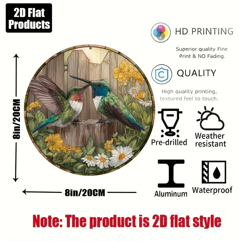 2D Flat, 1pc, Hummingbird Perching Theme, Round Aluminum Metal Signboard, Home Decor, Suitable for Bars, Cafes, Homes, Offices,