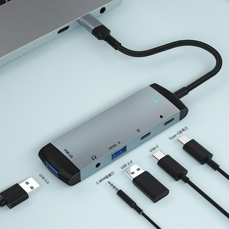 5-in-1 High Speed USB C Hub Docking Station Aluminium Alloy Type C to USB 3.0/USB 2.0/PD 60W/3.5mm for Keyboard Mouse