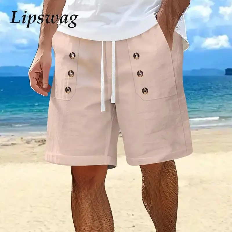 

Льняные однотонные свободные прямые шорты для мужчин, летние модные шорты на шнуровке, уличные повседневные дышащие мужские шорты