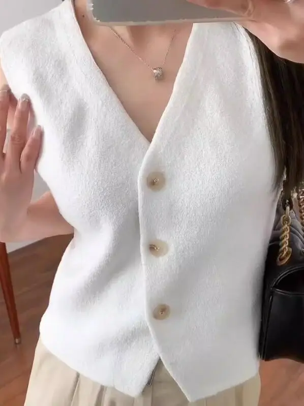 

V-neck Knitted Suit Vest Women Black White 2023 Summer Sleeveless Corset Vest Tops Female Causal waistcoat w777
