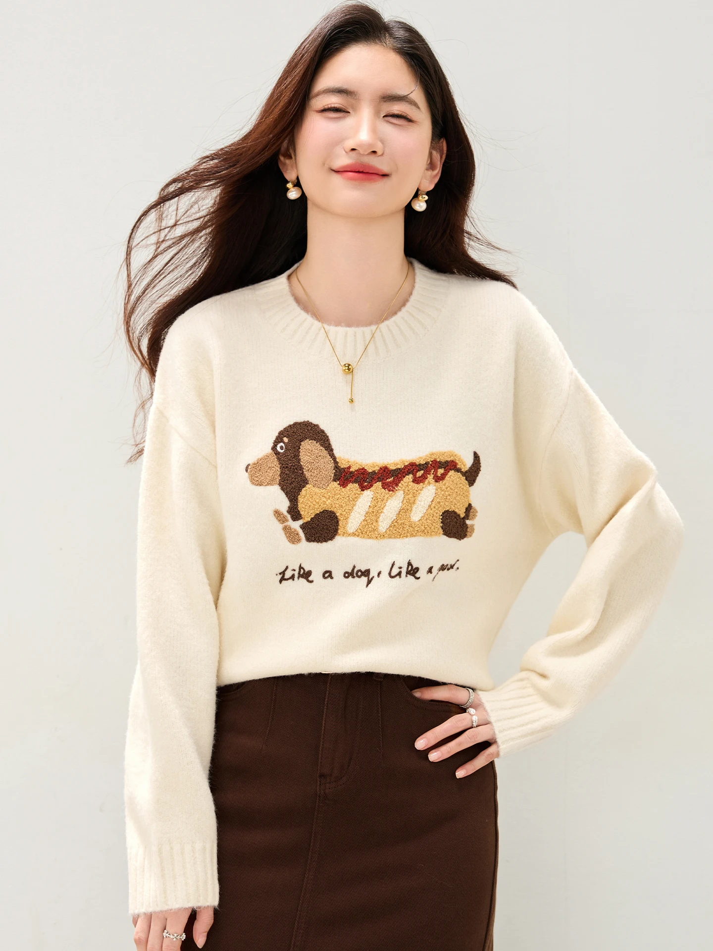 Fall Winter 2025 Women Sweater Dachshund Sausage Dog Embroidered Knitwear Pullover Top Long Sleeve Loose Women Clothes 510903