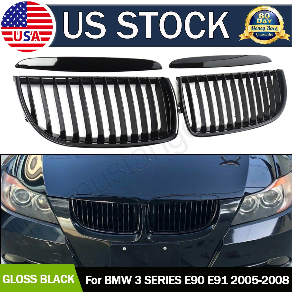 

Glossy Black Front Kidney Grill For BMW 3-Series E90 E91 2005-2008 Grille Bumper Magickit