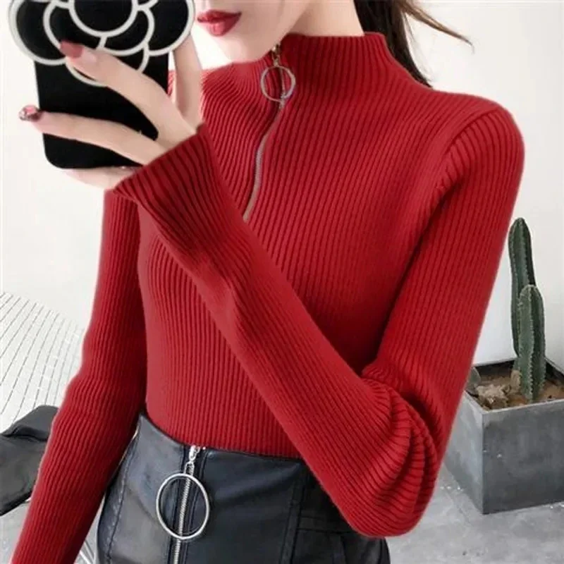 2025 Knitted Women Zipper Half High Neck Sweater Pullovers Autumn Winter Women Sweaters Slim Solid Knitwear Pull Femme Tops