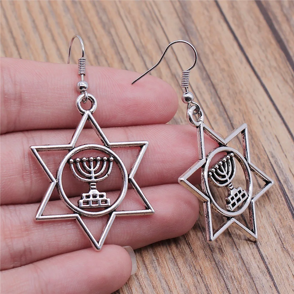 Vintage Candlestick Star Of David Menorah Earring Women Retro Silver Color Hanukkah Brincos Religious Jewish Jewelry Party Gift