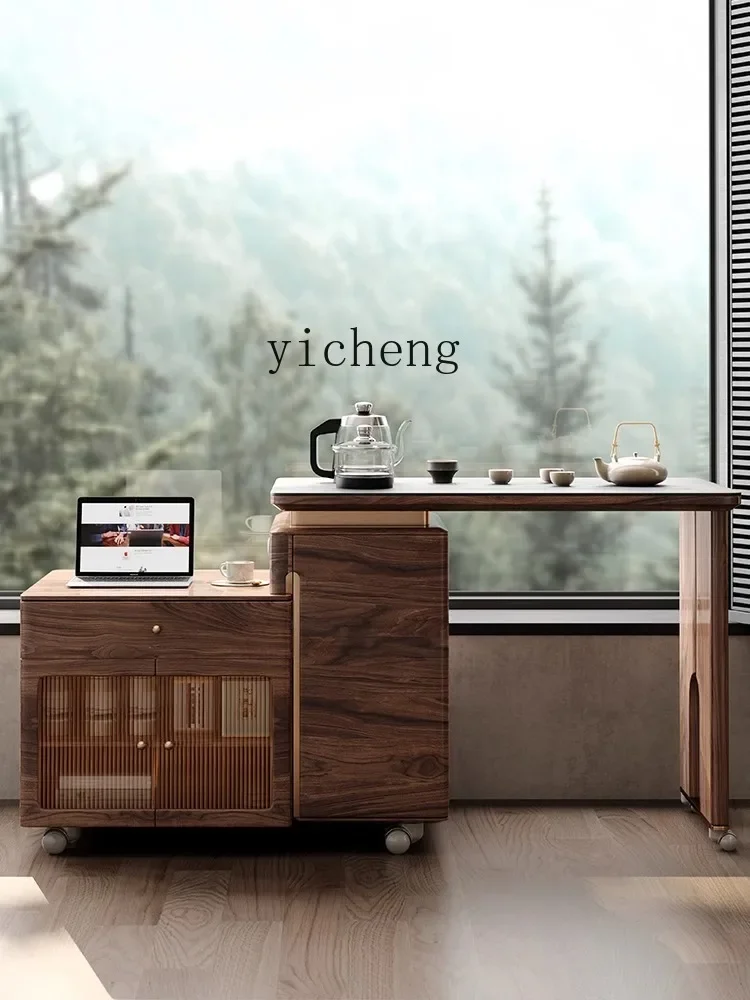 D24 Log Balcony Solid Wood Tea Table Modern Retractable Small Tea Cart Kung Fu Tea Home