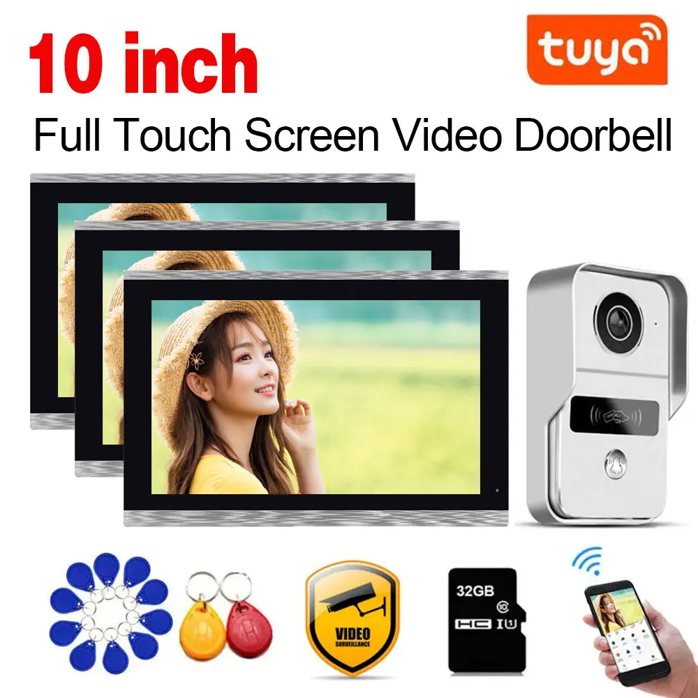 TUYA 1080P 10 Inch 3 LCD Touch Screen WiFi  Smart Home Wireless Video Door Phone RFID Access Control System for Villa Apartment