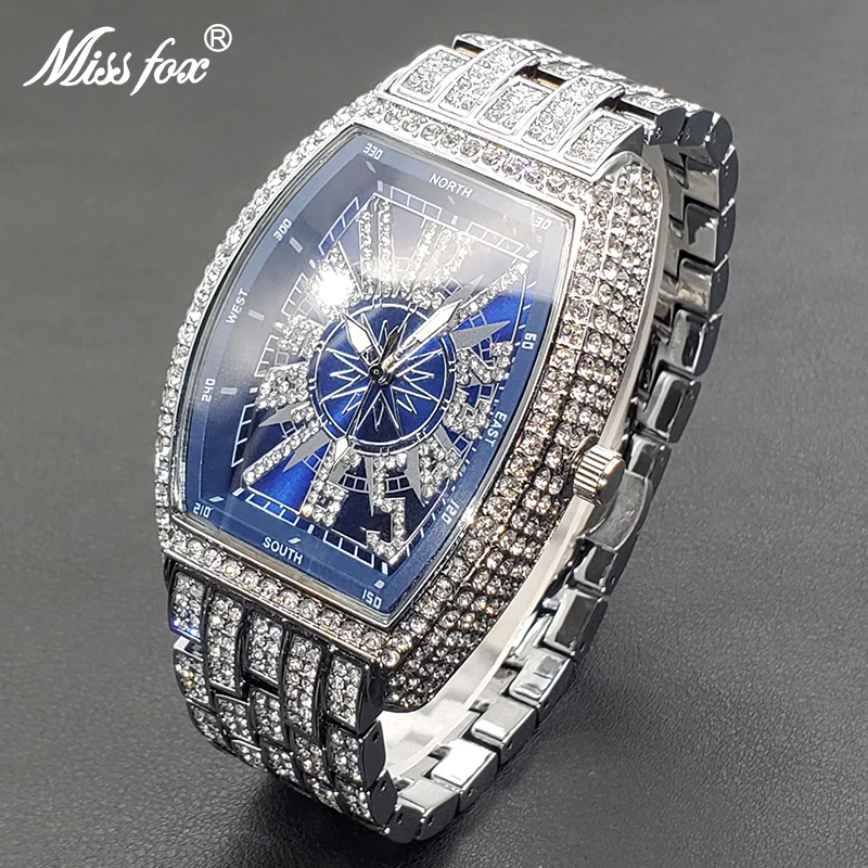 Fashion Tonneau Men Watches Top Brand Luxury Diamond Hip Hop Blue Wristwatch Stylish Shiny Iced Out Waterproof Muller Watch Gift