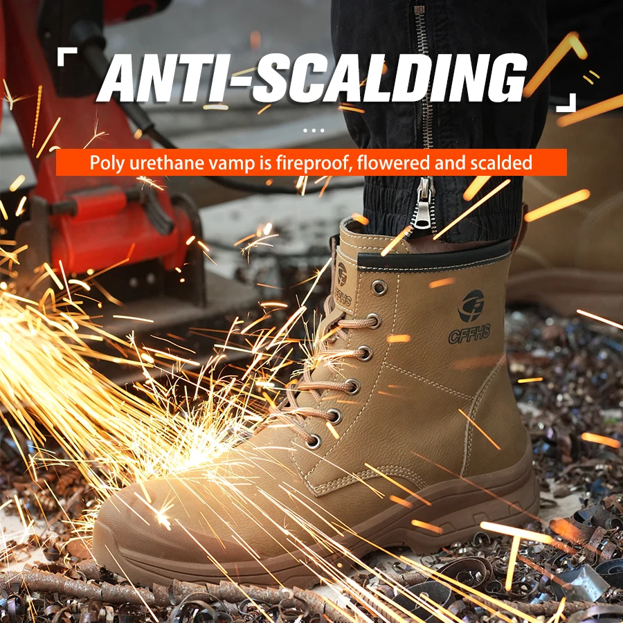 High Top Shoes Work Boots Steel Toe Indestructible Shoes Waterproof Safety Boots Puncture-Proof Anti Scalding Men Leather Boots