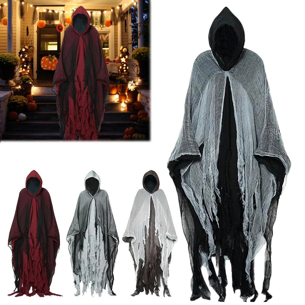 Halloween Ghost Costume Ghost Cape Outfit Ghost Cape with Hood Scary Adult Cloak Cosplay Hooded Robe for Unisex Cosplay Props