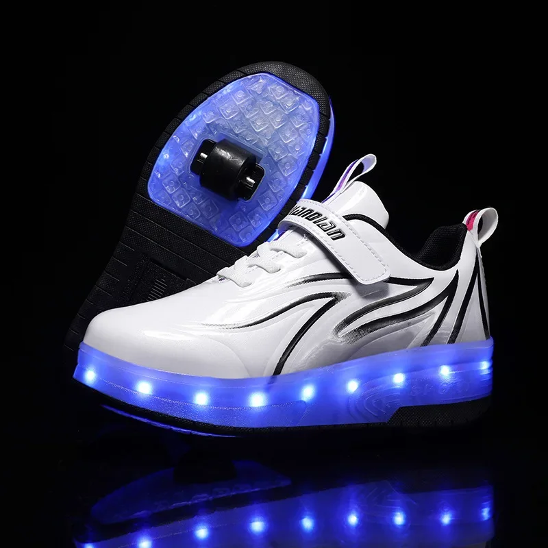 YUNICUS Led Light Boys Girls Shoe USB Charging Black Two Wheels Luminous Sneakers Roller Skate Shoes for Children Kids Led Shoes