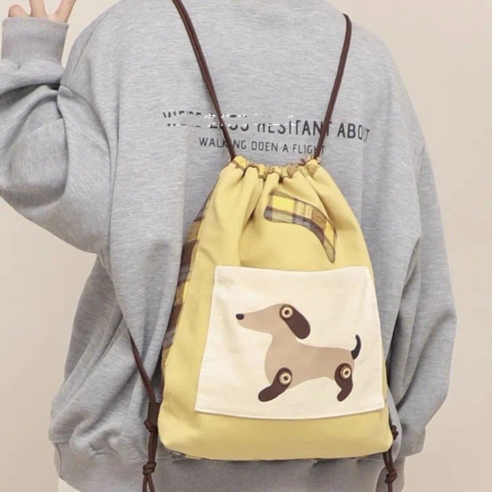Multi-style Cartoon Sausage Dog Backpack Retro Checkered Drawstring Bag Cute Double-sided Crossbody Shoulder Bag