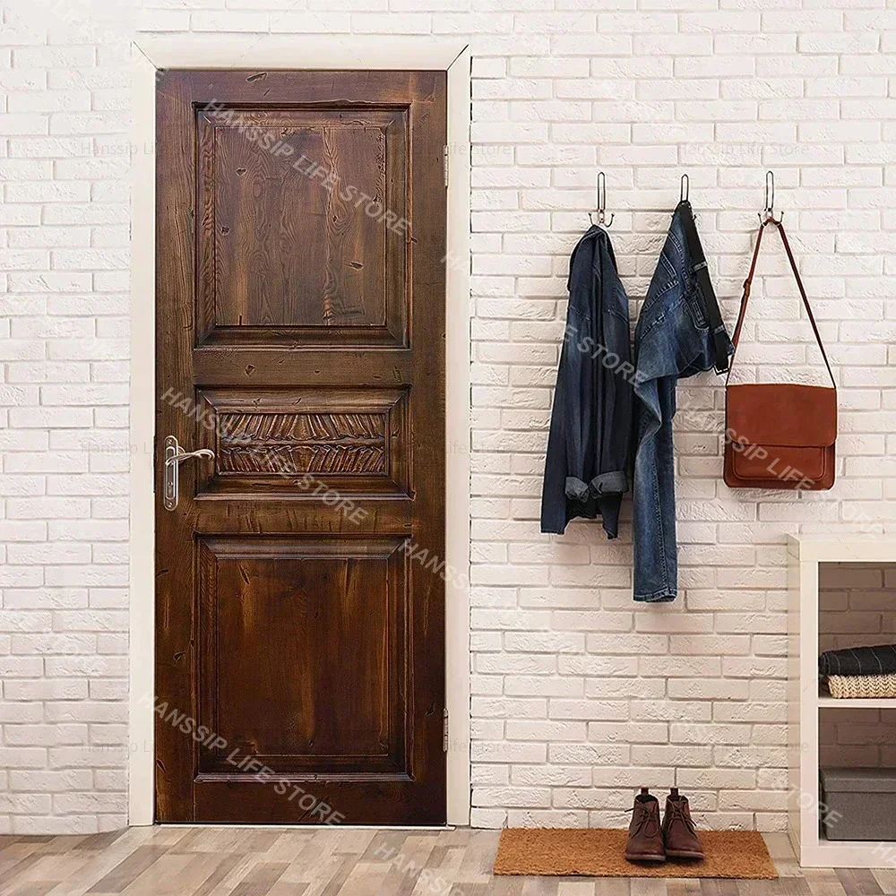 Pegatina 3D Realista con Patrón de Madera para Puerta, Vinilo Autoadhesivo de PVC, Mural Decorativo Oriental Vintage para Cubrir Toda la Puerta, Papel Tapiz Removible