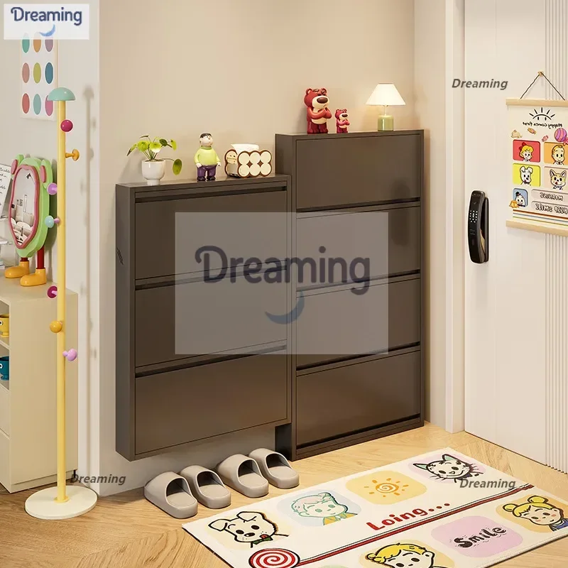 

Стальной ультратонкий шкаф для обуви, очень узкое опрокидывающееся ведро у двери дома и новый небольшой шкаф для хранения вещей.