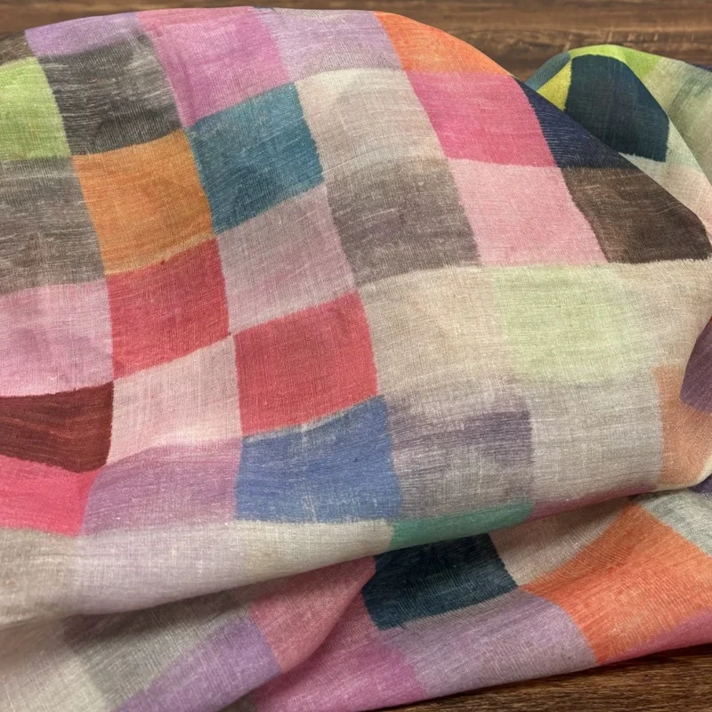 Boho Ramie Linen Fabric Colorful Check Plaid Vintage Multicolor Lightweight for Summer Dress Top Skirt Sewing DIY