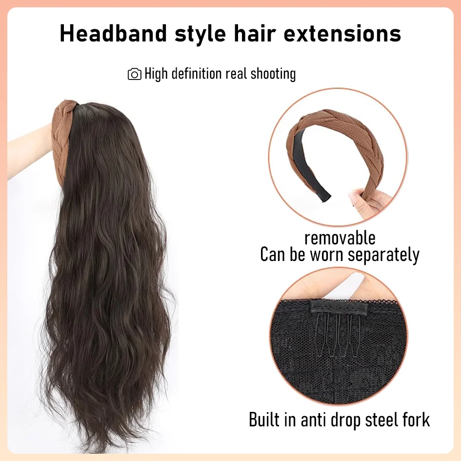 Synthetic 60cm/24in coffee colored headband/off white headband wig, water wave/big wave/long straight hair， Hair accessories