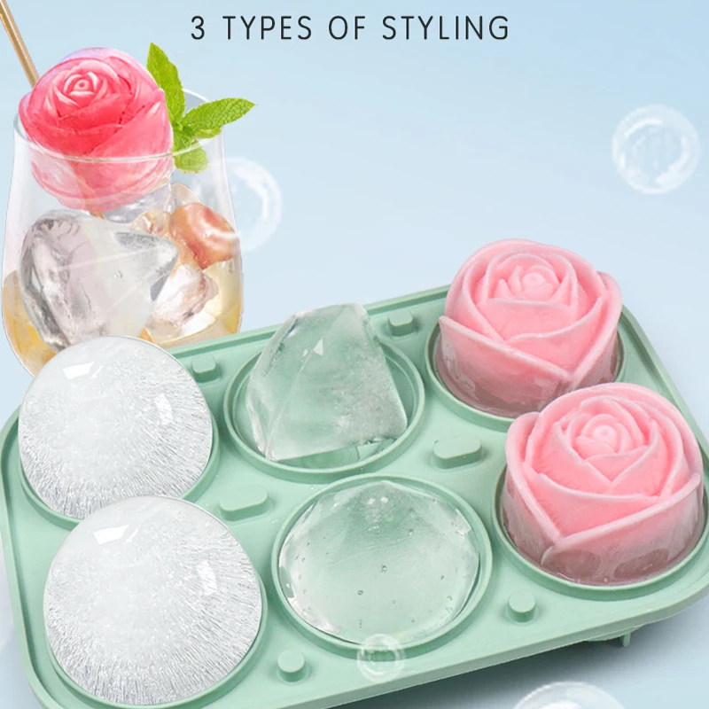 3D розовые бриллианты, круглые формы для кубиков льда, 4/6 сетки, лоток для кубиков льда, форма цветка, силиконовый льдогенератор, кухонная барная посуда, аксессуары для инструментов