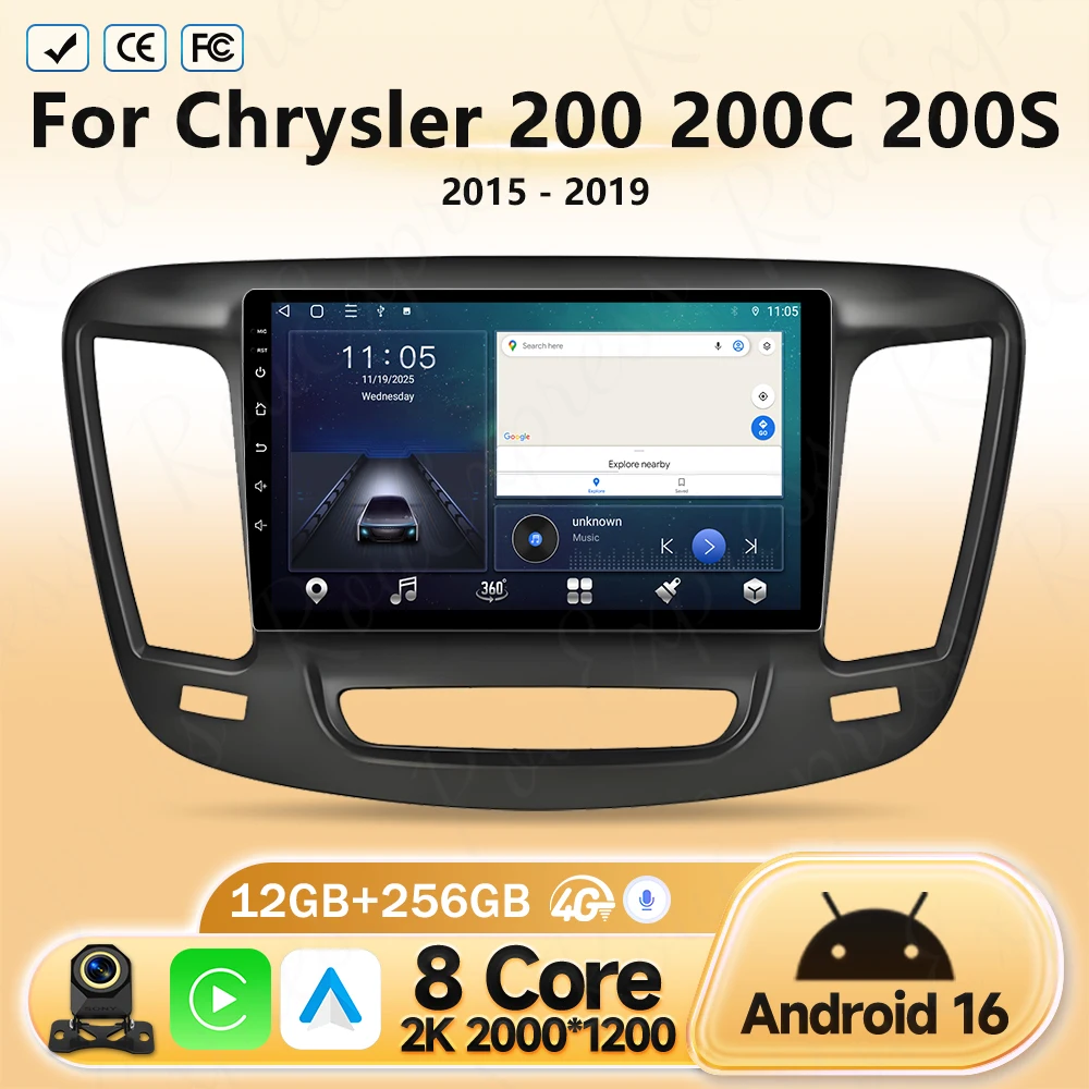 

Для Chrysler 200 200C 200S 2015-2019: Автомагнитола Android 16, мультимедийная система с навигацией, Carplay, Wi-Fi, 4G, 2K QLED экран, GPS
