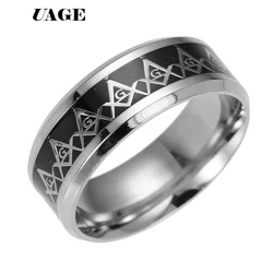 UAGE Vintage Black Stainless Steel Men Ring Big Free Mason Freemasonry Masonic AG Retro Punk Silver Color Titanium Male Jewelry