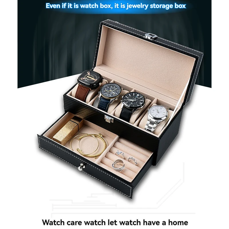 صندوق تخزين ساعة هدية من جلد البولي يوريثان الفاخر للاستخدام المنزلي باللون الأسود مع جزء داخلي مخملي للساعات والخواتم والأقراط والسوار المزيد