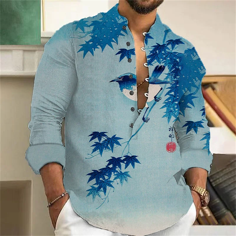 2024 Summer Men's V-neck Long Sleeve T-shirt Casual Japanese Art Plum Blossom Print Linen Blend Hawaiian Beach Shirt