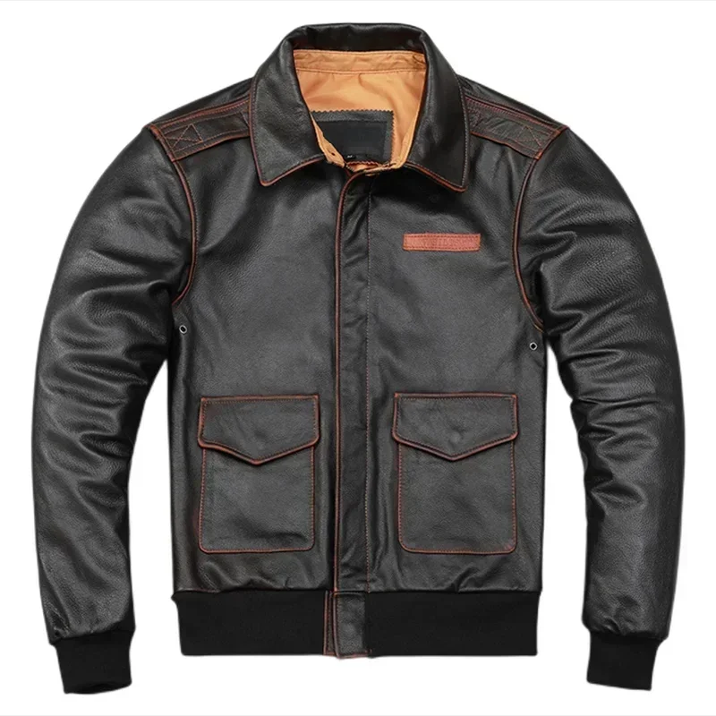 Men Cow Leather Jacket A2 Flight s Hand Edged Aviator Bomber Coat 항공점퍼가죽 Куртка бомбер Летная куртка