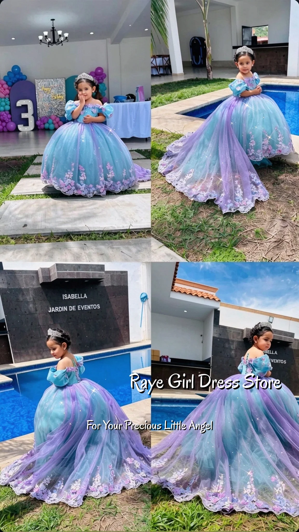 Blue Purple Ombre Flower Girl Dress Off Shoulder Puff Sleeve 3D Floral Lace Sparkly Tulle Pageant Gown With Train Customized