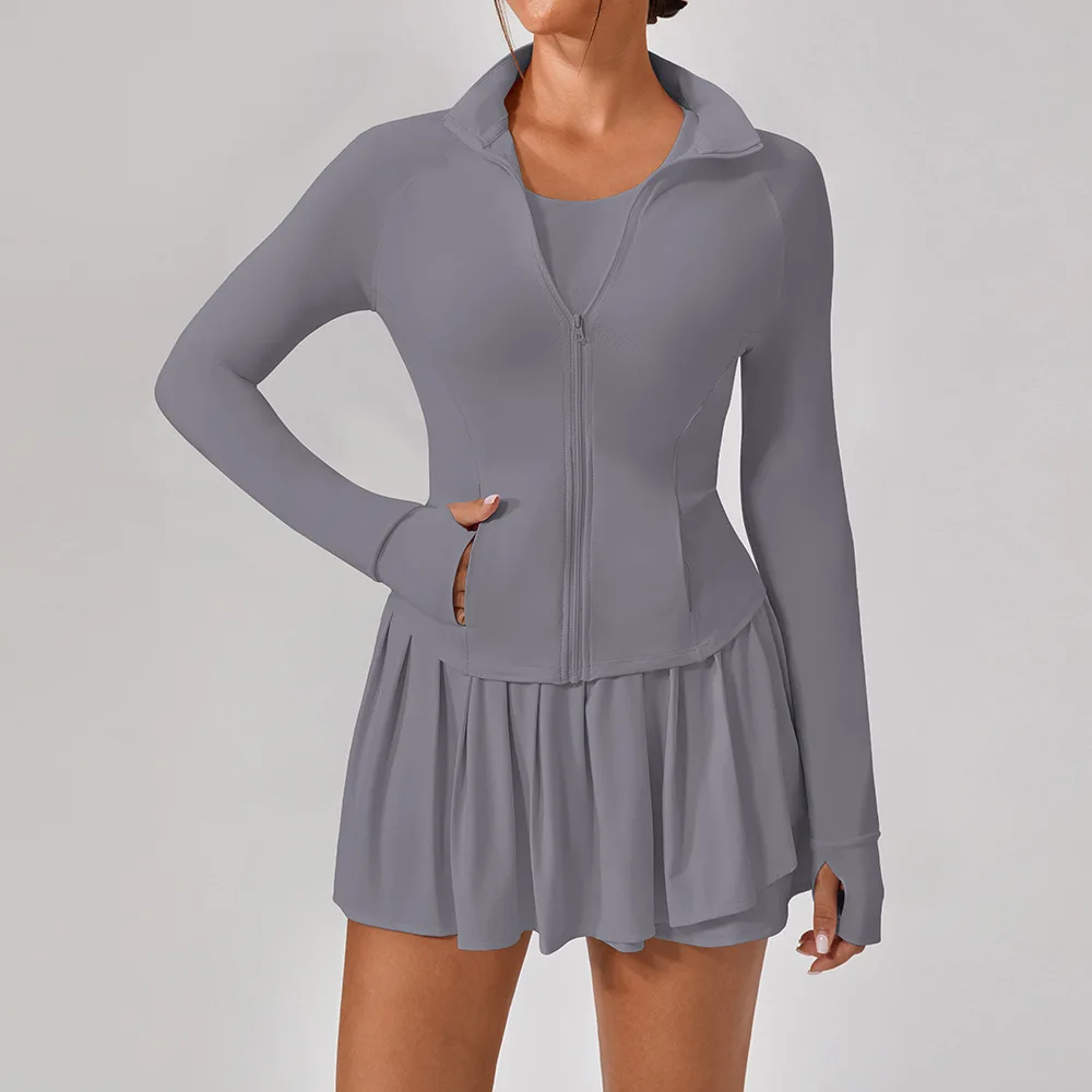 

Yoga Shirts Long Sleeve Sport Top with Zipper Solid Slim Elastic Running Blouse for Women Gym Workout Athletic Tee Sportswear