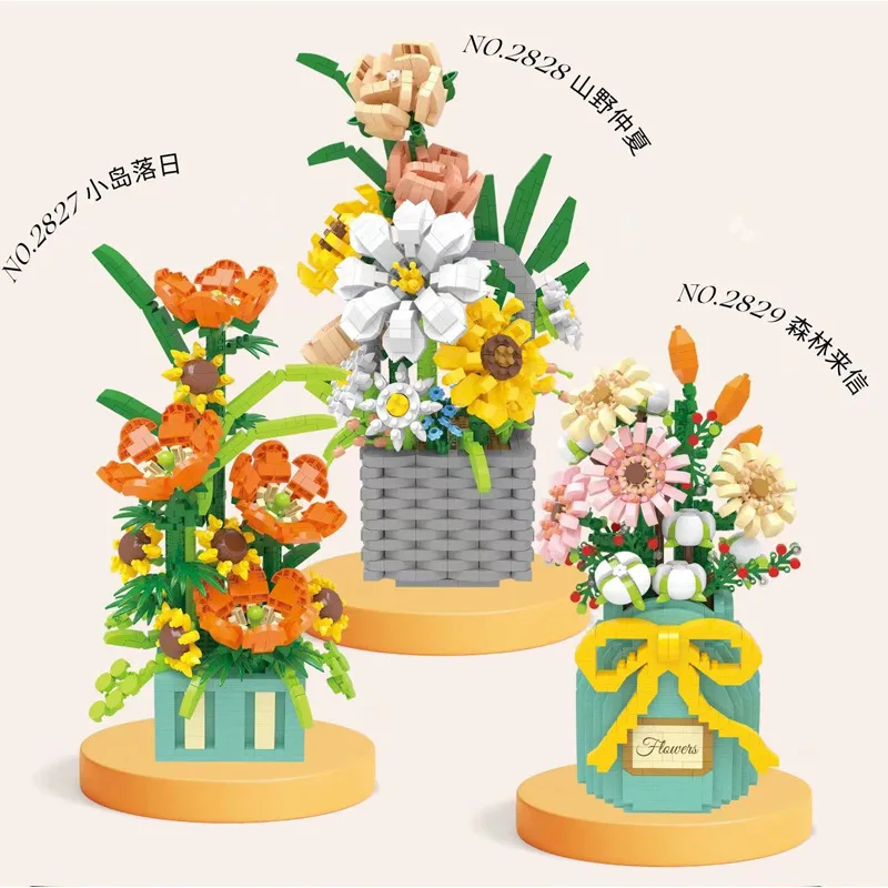 Romantic Flower In Battle Micro Building Blocks Eternal Plants Bricks Corn Poppy 3D Model Lily Sunflower Toys For Home Decor