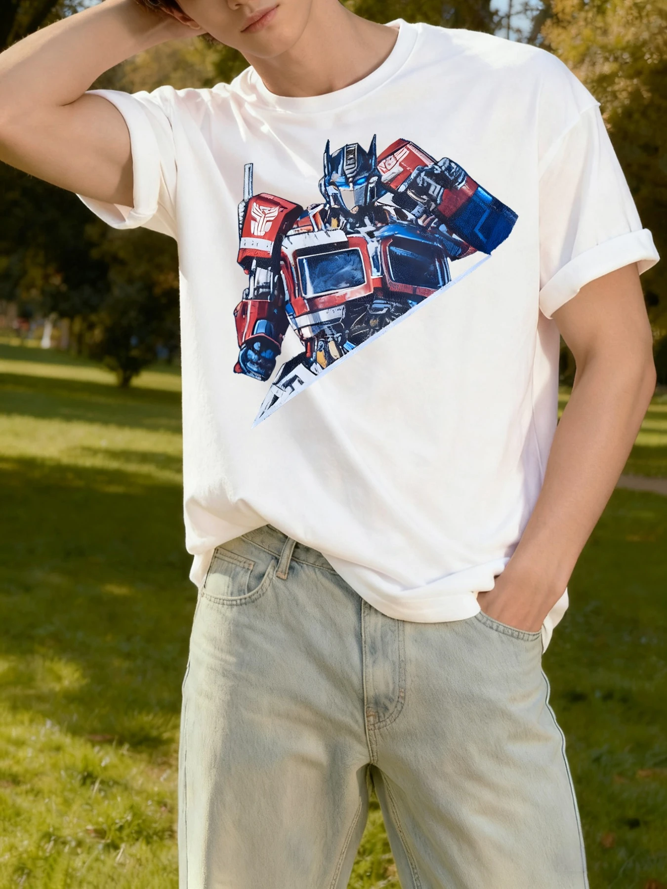 Camiseta Transformers animada "Optimus Prime e Bumblebee" com estampa criativa de 67 números, moda casual com gola redonda
