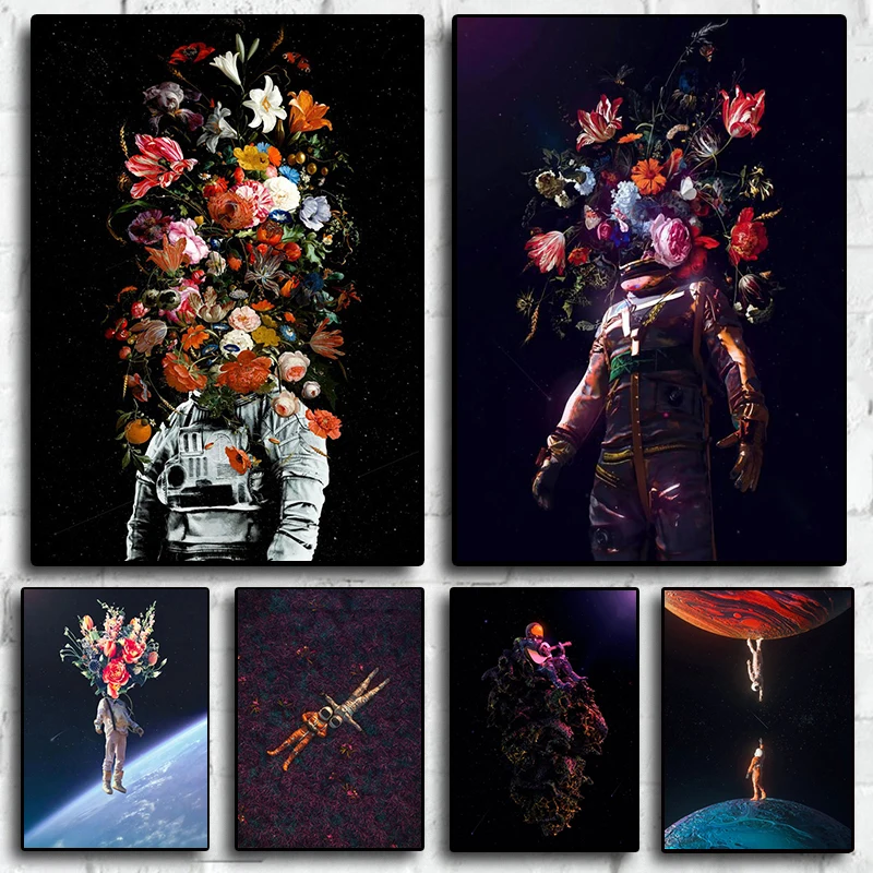 Moderne abstrakte bunte Astronauten raum blume Leinwand malerei Poster Schlafzimmer Wohnzimmer Sofa Wand kunst Haupt dekoration Bild