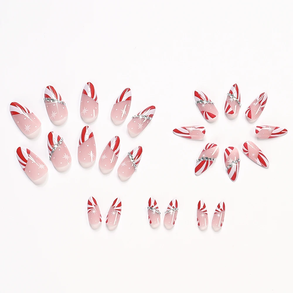 24 pièces blanc rouge rayures faux ongles pour femmes rayures ondulées clair strass ligne couverture complète presse sur ongles noël faux ongles
