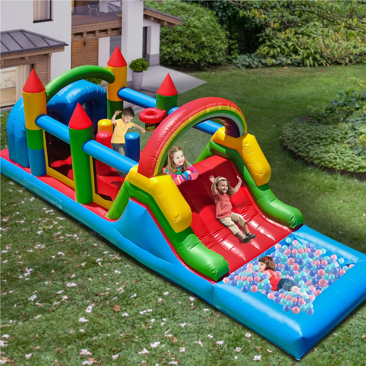 24FT PVC Commercial Inflatable Obstacle Bounce House, Suitable For Children And Adults, 1100w Blower, Dual Racing Slides, Crawli