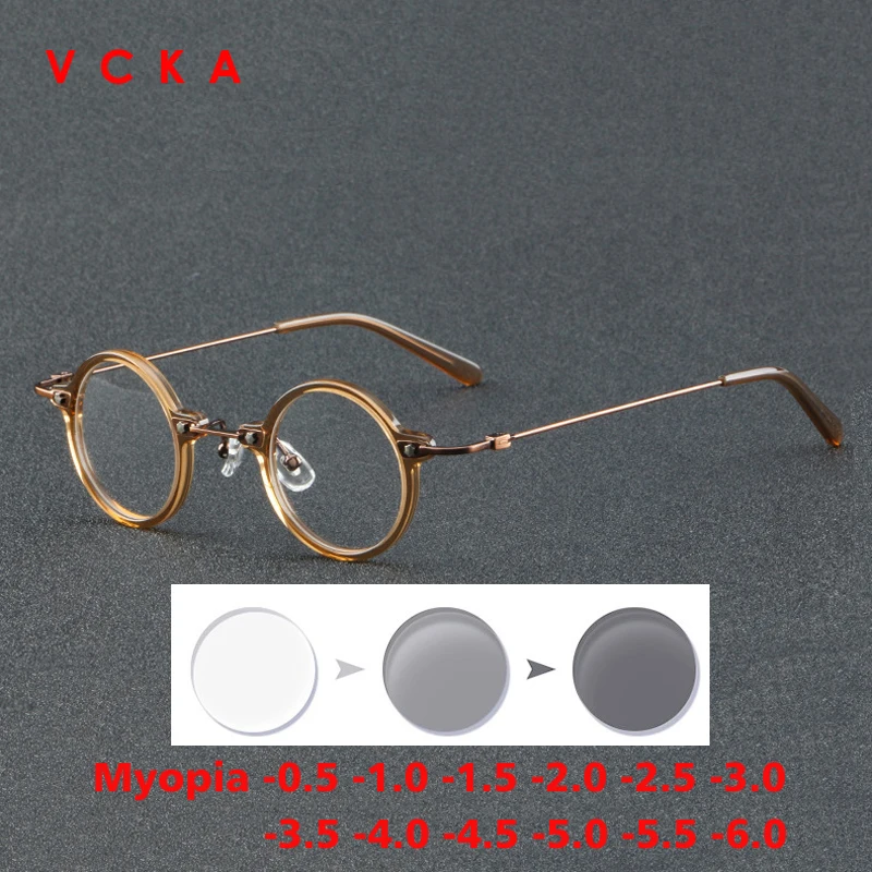 

VCKA Anti-blue Discolor Acetate+Titanium Myopia Glasses Frames Small Round Men Prescription Optical Women Eyewear -0.50 to -10.0