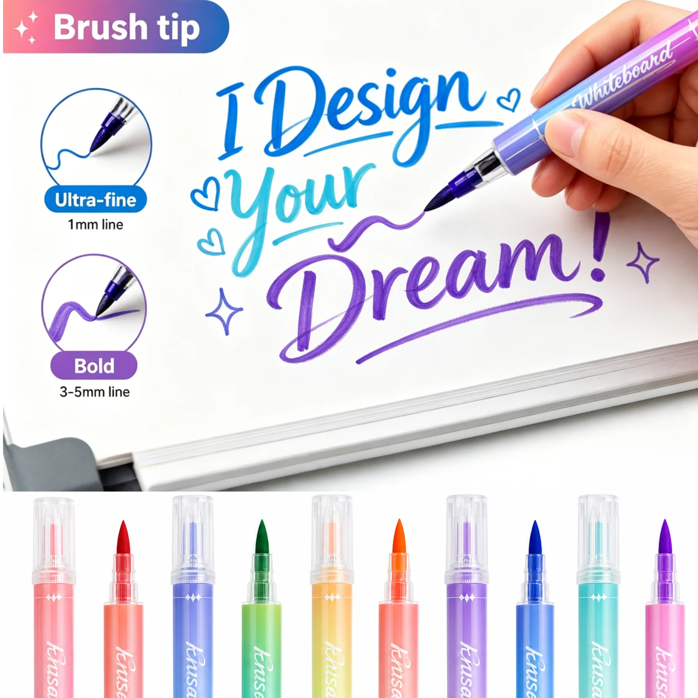 10pcs Dual Tip Colorful Whiteboard Markers - Double Ended Brush & Chisel Nib Dry Erase Pens for Office School Meeting Supplies