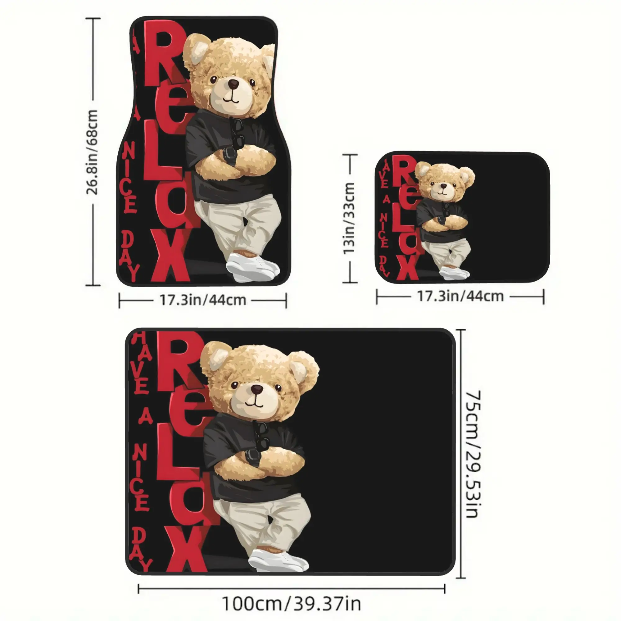 Complete 5pcs Car Mat Kit, Relaxing Bear Printed Floor Mats And Rear Cargo Liner, Durable Anti Dirt Interior Protectors For Fami