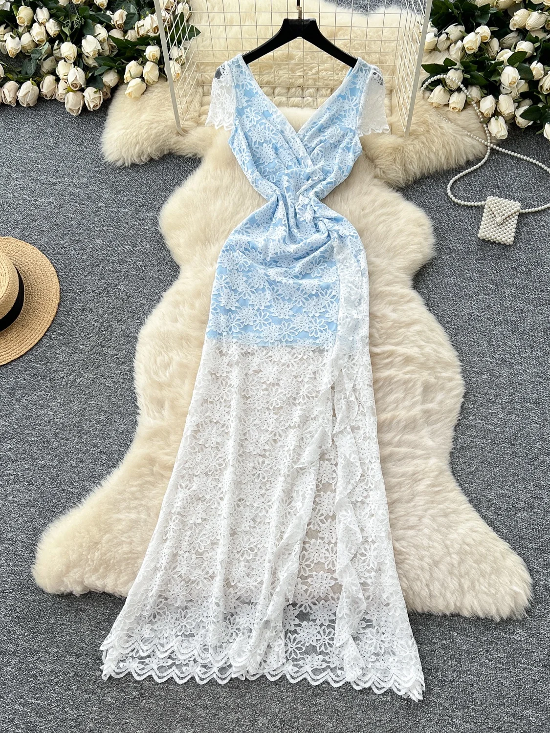 Été dentelle croix v-ne ort Sve femmes Dr taille haute fente a-ligne jupe coréenne Sle trajet Faion 8-24 ans