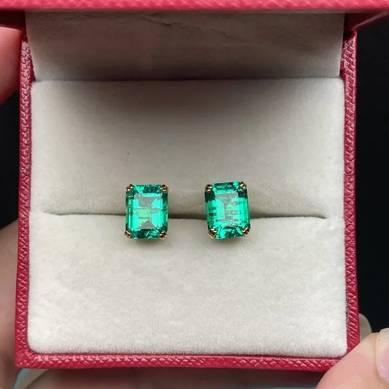 RUIF Custom New Classic Style 925 Silver 7x9mm Emerald Cut Lab Grown Gemstone Emerald Earrings Women Jewelry Ladies Party Gift