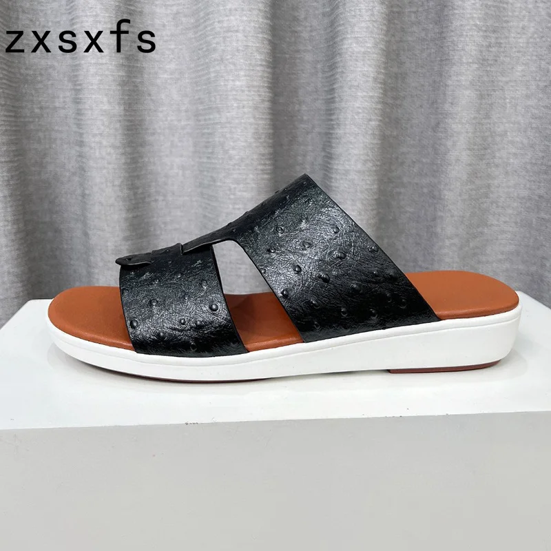 

Summer Brand Flat Slippers Men Real Leather Flat Casual Walk Shoes Male Black Platform Slides Runway Beach Slippers For Men