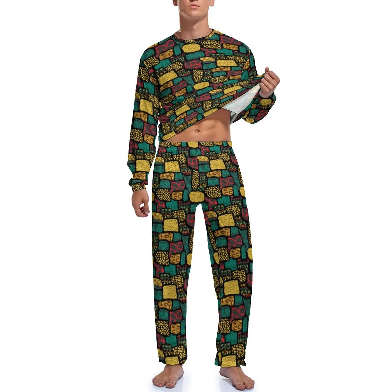 Pyjama Imprimé Africain pour Homme, Vêtements de Nuit Décontractés, Patchwork Coloré, Manches sulf, Mignon, Automne, 2 Pièces