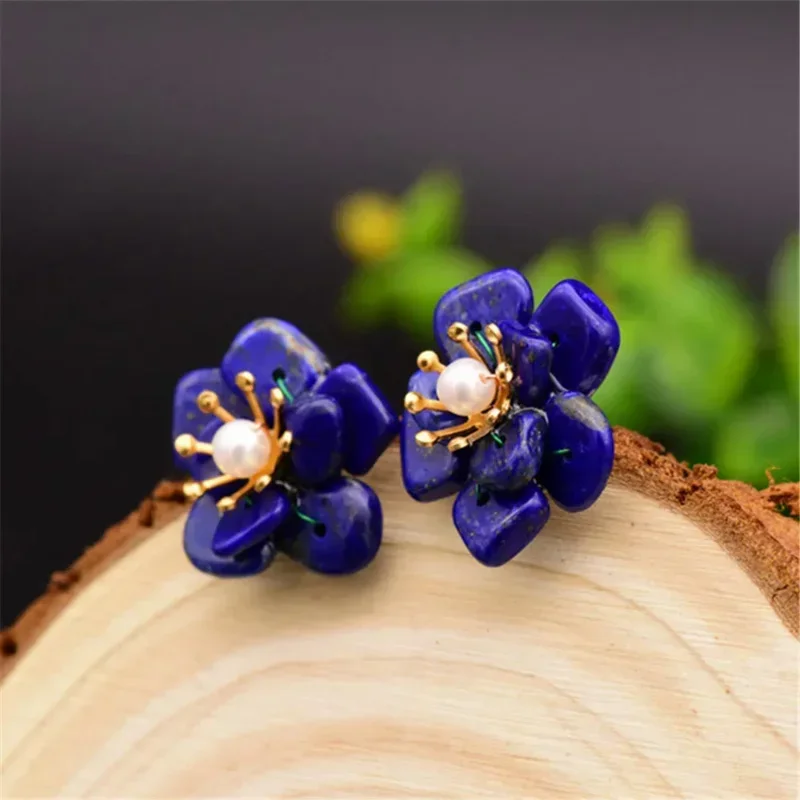 Natural Pearl Lapis Lazuli Flower Like Design Earrings 925 Sterling Silver Ear Stud European American Vintage Women Jewelry