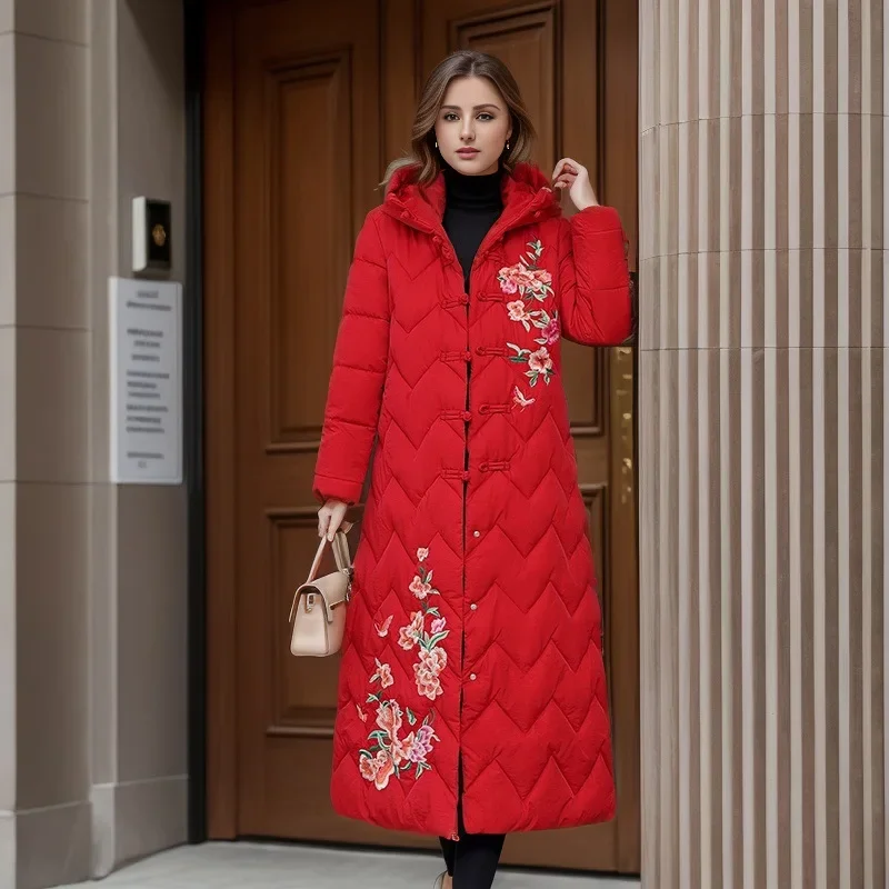 

Winter Down Cotton Padded Women Retro National Style Buttons Embroidered Long Outwear Thickened Warm Hooded Parka Coat Female