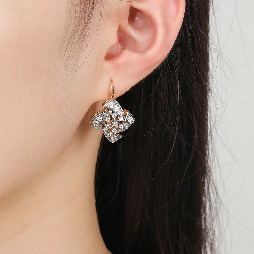 Geometric Windmill Zircon Earrings & Ring Set, 14K Gold Plated