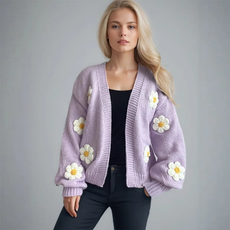 Spliced Flower Pattern Cardigan European and American Style Cross-border Temperament Commuting Solid Color Loose Sweater New Top