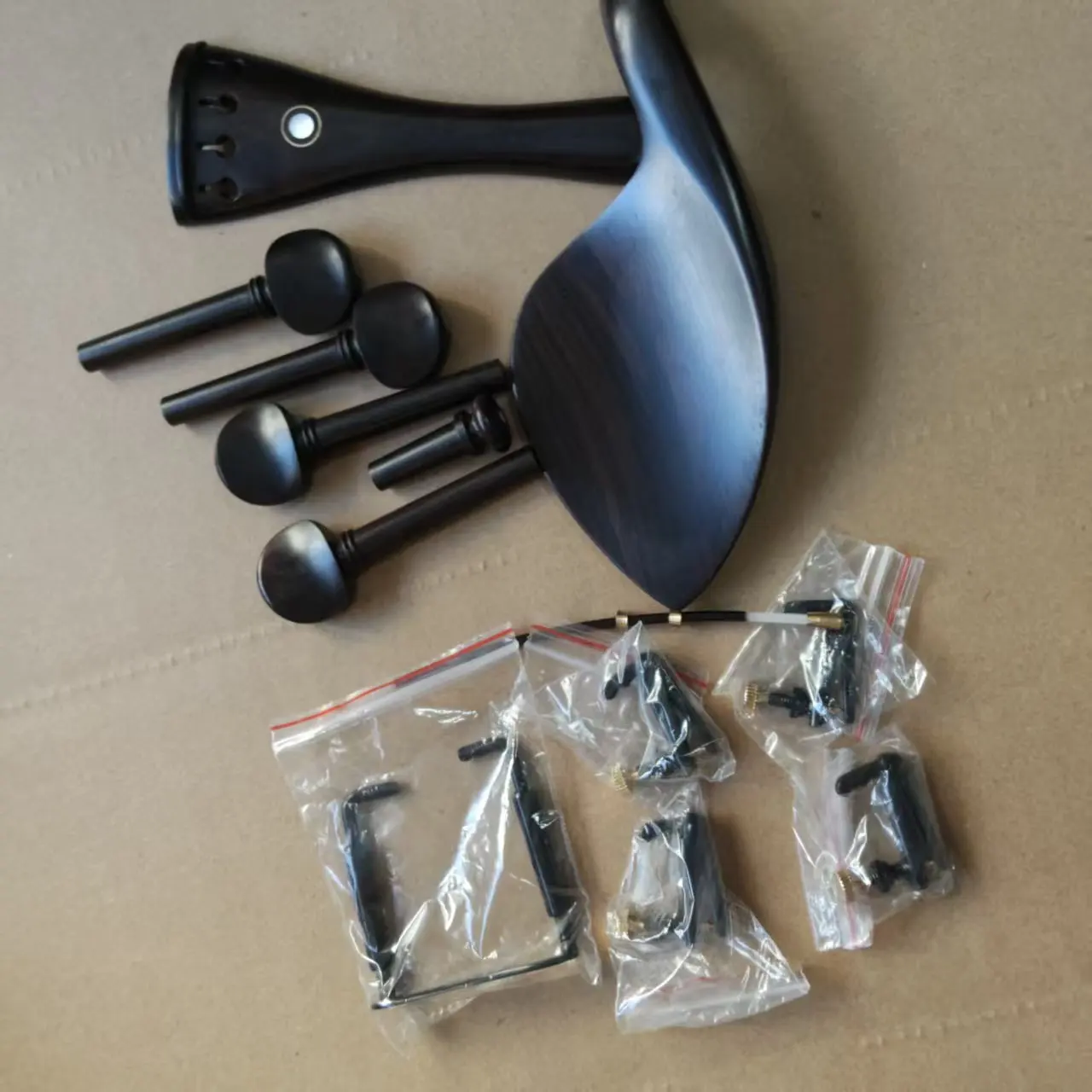 1 Set Ebony Natural Color Violin Parts 4/4 With Black Chin Rest Clamp 4 PCs Fine Tuners 1 Nylon Tail Gut