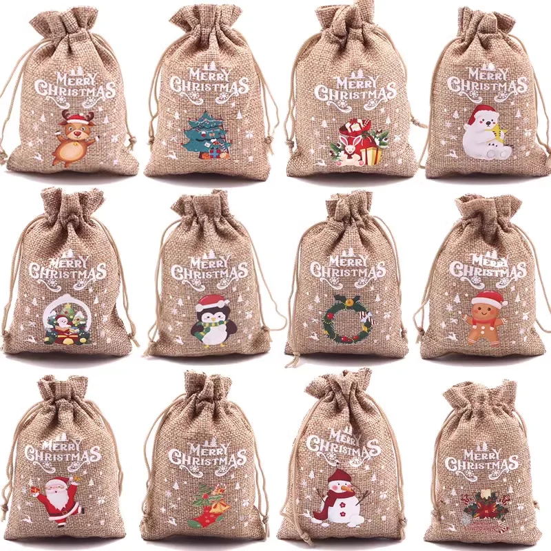 5Pcs/Lot Xmas Natural Jute Bags 10x14 13x18cm Christmas Candy Gift Bag Drawstring Pouches Nice Bracelet Jewelry Packaging Bags