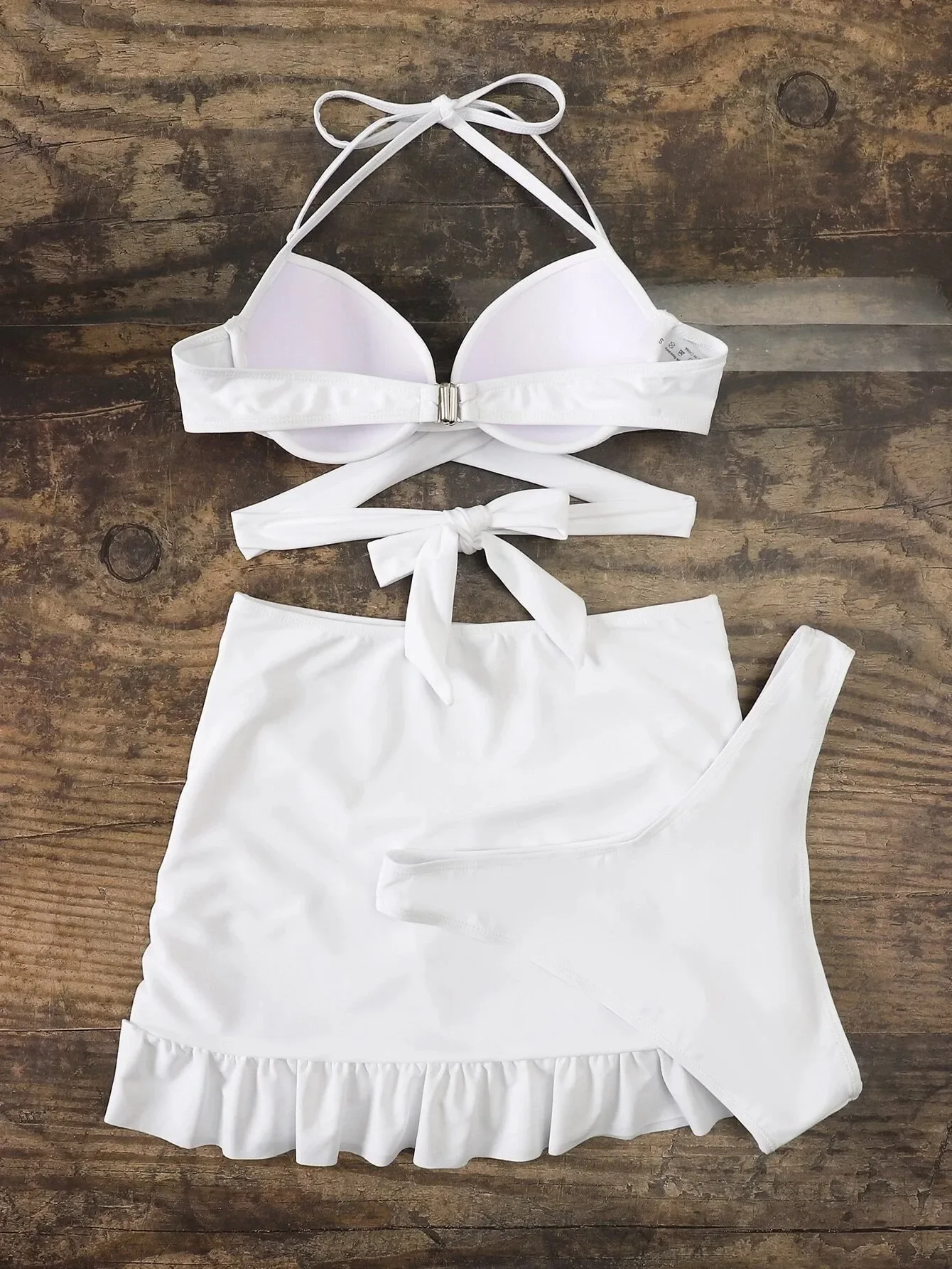 Feminino sólido gravata arco push up bikini define três peças com babados enrugados mini saia maiô roupas de praia