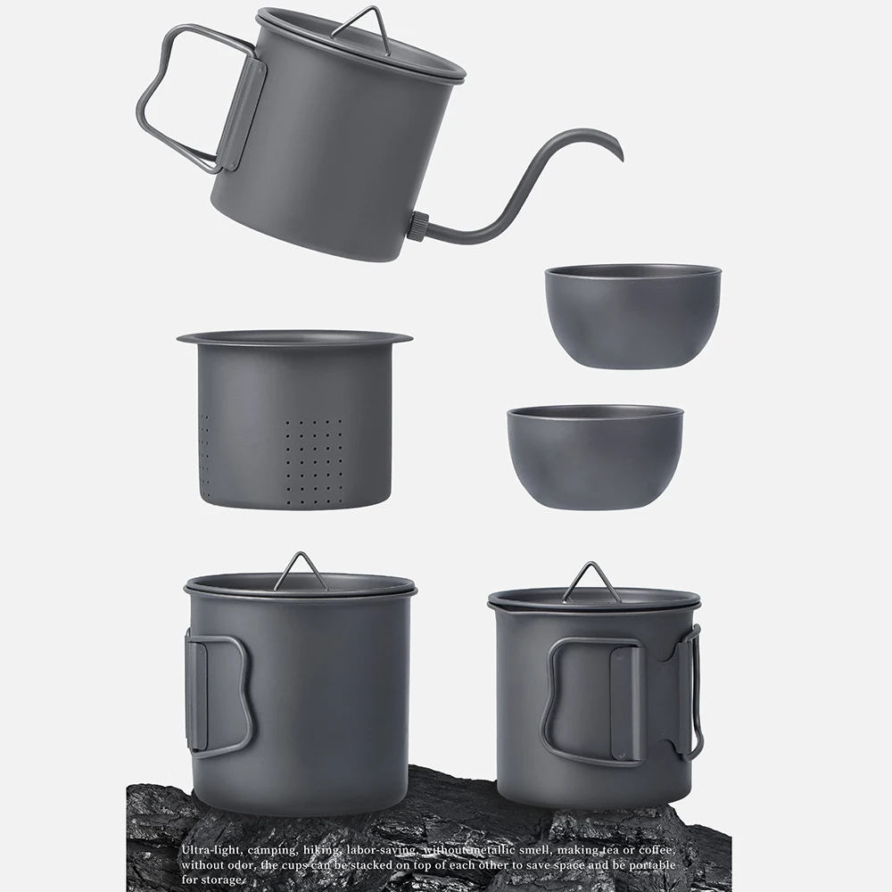 

Camping Kettle Titanium Tea Set Ultralight Portable Camping Kettle & Teapot with Cups for Outdoor Travel